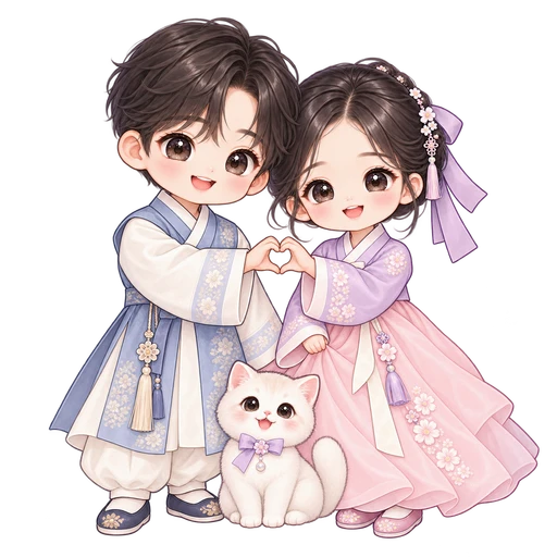 함께 하트를 만드는 한복 소녀와 소년, 고양이