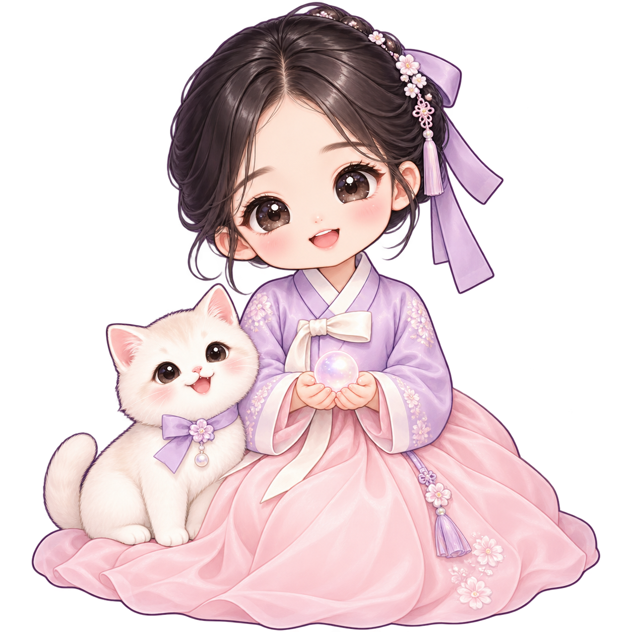 한복을 입은 소녀와 귀여운 고양이